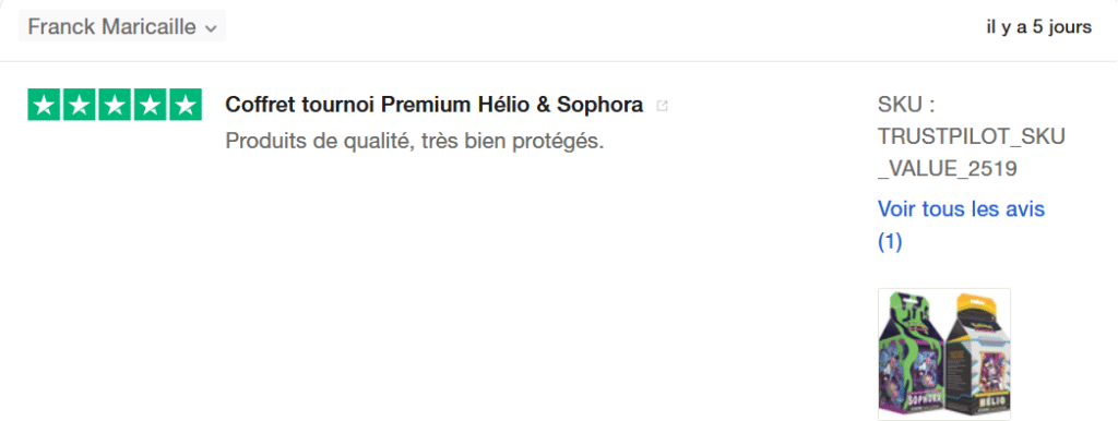 Il s'agit d'une image dans lesquelle se trouce un avis laissé par un client via trustpilot. Il y a cinq étoiles vertes soit la note maximale. L'avis client date du 26 octobre 2024 et il y a écrit :"Produits de qualité, très bien protégés".