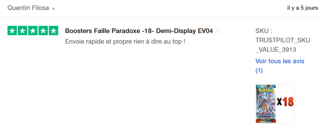 Il s'agit d'une image dans lesquelle se trouce un avis laissé par un client via trustpilot. Il y a cinq étoiles vertes soit la note maximale. L'avis date du 16 octobre 2024. Le client a écrit :"Envoie rapide et propre rien à dire au top !".