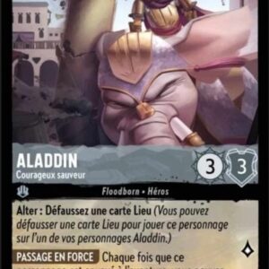 ALADDIN Courageux sauveur 171/204. Carte du Jeu de cartes à collectionner Disney Lorcana issue du Chapitre 4 Le Retour D'Ursula (URR), paru le 31/05/2024. Carte Personnage, Acier. Peu commune. Illustrateur: Randy Bishop? L'illustration représente un jeune prince indien coiffé d'un turban violet. Il est monté sur le dos d'un éléphant.