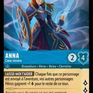 ANNA Coeur Sincère 138/204. Carte du jeu de cartes à collectionner Disney Lorcana issue du Chapitre 4 Le Retour d'Ursula (URR), paru le 31/05/2024. Carte Personnage, Saphir. Super Rare. Illustrateur: Leonardo Giammichele. L'illustration représente une jeune femme rousse habillée en chevalier avec un bouclier magique et une épée à la lame de givre.