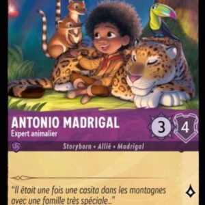 ANTONIO MADRIGAL Expert animalier 35/204. Carte du jeu de cartes à collectionner Disney Lorcana issue du Chapitre 4 Le Retour D'Ursula (URR), paru le 31/05/2024. Carte Personnage, Améthyste. Peu commune. Illustrateur: Ellie Horrie. L'illustration représente une jeune garçon avec une coupe afro entouré d'animaux (léopard, suricat, Toucan) dans une atmosphère paisible et nocturne.
