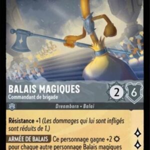 BALAIS MAGIQUES Commandant de brigade 186/204. Carte du jeu de cartes à collectionner Disney Lorcana issue du Chapitre 4 Le Retour d'Ursula (URR), paru le 31/05/2024. Carte Personnage, Acier. Super Rare. Illustrateur: Otto Paredes. L'illustration représente un balais humanoïde portant une hallebarde et entouré d'une multitude de personnages semblables/