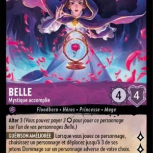 BELLE Mystique accomplie 36/204. Carte du jeu de cartes à collectionner Disney Lorcana issue du Chapitre 4 Le Retour d'Ursula (URR), paru le 31/05/2024. Carte Personnage, Améthyste. Super Rare. Illustrateur: Malia Ewart. L'illustration représente une princesse habillée d'une robe violette avec une capuche. Elle est en pleine incantation magique.