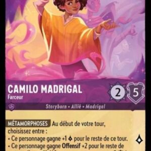 CAMILO MADRIGAL Farceur 40/204. Carte du jeu de cartes à collectionner Disney Lorcana issue du Chapitre 4 Le Retour D'Ursula (URR), paru le 31/05/2024. Carte Personnage, Améthyste. Peu commune. Illustrateur: Emily Abeydeera. L'illustration représente un jeune garçon sud-américain vêtu d'in poncho orange.