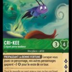 CRI-KEE Criquet porte-bonheur 69/204. Carte du jeu de cartes à collectionner Disney Lorcana issue du Chapitre 4 Le Retour D'Ursula (URR), paru le 31/05/2024. Carte Personnage, Emeraude. Rare. Illustrateur: Heidi Neunhoffer. L'illustration représente un criquet violet en train de bondir