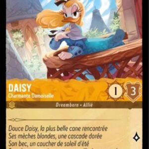 DAISY Charmante Damoiselle 6/204. Carte du jeu de cartes à collectionner Disney Lorcana issue du Chapitre 4 Le Retour D'Ursula (URR), paru le 31/05/2024. Carte Personnage, Ambre. Peu commune. Illustrateur: Stefano Zanchi. L'illustration représente le personnage de Daisy, canne humanoïde aux longs cheveux blonds habillé en robe de princesse et posant sur le balcon de bois ajouré d'une maison bourgeaoise.