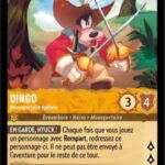 DINGO Mousquetaire épéiste 12/204. Carte du jeu de cartes à collectionner Disney Lorcana issue du Chapitre 4 Le Retour D'Ursula (URR), paru le 31/05/2024. Carte Personnage, Ambre. Rare. Illustrateur: Carlos Luzzi. L'illustration représente le chien humanoïde Dingo habillé en mousquetaire et tenant 2 épées. Il chemine sur un chemin de terre arboré en campagne.