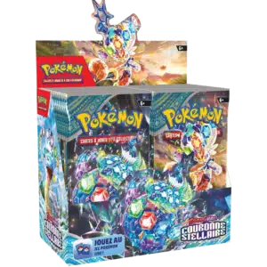 Display Pokémon Couronne Stellaire EV07 36 Boosters. Pokémon EV07 36 Boosters. L'image représente une boite de boosters Pokémon. Elle en contient 36 et est représentée ouverte. On y distingue des Pokemons dans leur forme téracristal. La boîte est bleue, violette, jaune, verte et orange. On y distingue les textes suivants "Pokémon Cartes à Jouer et à Collectionner" "Ecarlate et violet" "Couronne Stellaire".