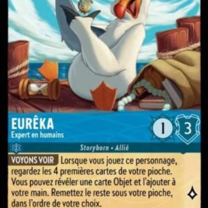 EURÊKA Expert en humains 154/204. Carte du jeu de cartes à collectionner Disney Lorcana issue du Chapitre 4 Le Retour D'Ursula (URR), paru le 31/05/2024. Carte Personnage, Saphir. Peu commune. Illustrateur: Kapik. L'illustration représente une sorte de mouette assise sur son postérieur sur un ponton de bois en train d'examiner un artefact humain qu'elle tient dans le bout de ses ailes semblables à des appendices humanoïdes.