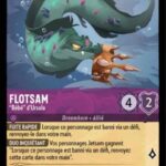 FLOTSAM "Bébé" d'Ursula 43/204. Carte du jeu de carte à collectionner Disney Lorcana issue du Chapitre 4 Le Retour D'Ursula (URR), paru le 31/05/2024. Carte Personnage, Améthyste. Peu commune. Illustrateur: Brian Kesinger. L'illustration représente une grosse murène verte à taches rouges qui tient une couronne en or dans sa gueule.
