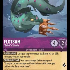 FLOTSAM "Bébé" d'Ursula 43/204. Carte du jeu de carte à collectionner Disney Lorcana issue du Chapitre 4 Le Retour D'Ursula (URR), paru le 31/05/2024. Carte Personnage, Améthyste. Peu commune. Illustrateur: Brian Kesinger. L'illustration représente une grosse murène verte à taches rouges qui tient une couronne en or dans sa gueule.