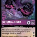 FLOTSAM & JETSAM Anguilles piégeuses 44/204. Carte du jeu de carte à collectionner Disney Lorcana issue du Chapitre 4 Le Retour D'Ursula (URR), paru le 31/05/2024. Carte Personnage, Améthyste. Peu commune. Illustrateur: Brian Kesinger. L'illustration représente deux murènes malfaisantes noires dans une grotte sous-marine. Une lumière magique violette semble les animer de l'intérieur.