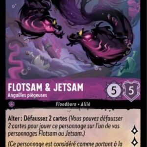 FLOTSAM & JETSAM Anguilles piégeuses 44/204. Carte du jeu de carte à collectionner Disney Lorcana issue du Chapitre 4 Le Retour D'Ursula (URR), paru le 31/05/2024. Carte Personnage, Améthyste. Peu commune. Illustrateur: Brian Kesinger. L'illustration représente deux murènes malfaisantes noires dans une grotte sous-marine. Une lumière magique violette semble les animer de l'intérieur.