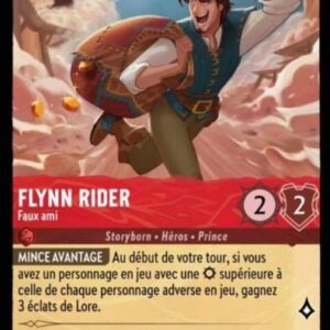 FLYNN RIDER Faux ami 106/204. Carte du jeu de cartes à collectionner Disney Lorcana issue du Chapitre 4 Le Retour d'Ursula (URR), paru le 31/05/2024. Carte Personnage, Rubis. Super Rare. Illustrateur: Mike Mu. L'illustration représente une jeune homme brun en train de s'échapper avec un sac sur l'épaule.