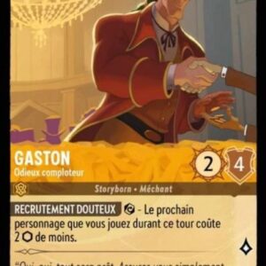GASTON Odieux comploteur 10/204. Carte du jeu de cartes à collectionner Disney Lorcana issue du Chapitre 4 Le Retour d'Ursula (URR), paru le 31/05/2024. Carte Personnage, Ambre. Super Rare. Illustrateur: Brian Kesinger. L'illustration représente un homme habillé à la mode du 19ème siècle avec un veste bordeau dans un salon bourgois éclairé par un magnifique lustre.