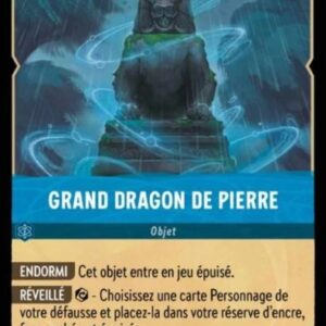 GRAND DRAGON DE PIERRE 167/204. Carte du jeu de cartes à collectionner Disney Lorcana issue du Chapitre 4 Le Retour D'Ursula (URR), paru le 31/05/2024. Carte Objet, Saphir. Peu commune. Illustrateur: Ryan Bittne. L'illustration représente une statue de dragon en pierre dans un paysage montagneux nocturne.
