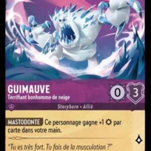 GUIMAUVE Terrifiant bonhomme de neige 51/204. Carte du jeu de cartes à collectionner Disney Lorcana issue du Chapitre 4 Le Retour D'Ursula (URR), paru le 31/05/2024. Carte Personnage, Améthyste. Peu commune. Illustrateur: Simone Buonfantino. L'illustration représente une monstre humanoïde blanc avec des épines bleues et une gueule garnie de crocs. Il semble être un golem de neige.