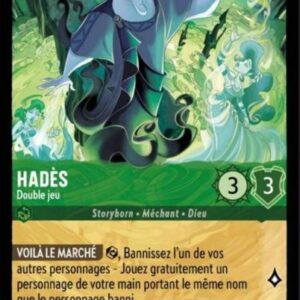 HADES Double jeu 74/204. Carte du jeu de cartes à collectionner Disney Lorcana issue du Chapitre 4 Le Retour d'Ursula (URR), paru le 31/05/2024. Carte Personnage, Emeraude. Légendaire. Illustrateur: Alan Batson. L'illustration représente la divinité Hadès au milieu des enfers. Il est illustré comme un personnage masculin habillé d'une toge violette.