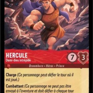 HERCULE Demi-dieu intrépide 109/204. Carte du jeu de cartes à collectionner Disney Lorcana issue du Chapitre 4 Le Retour D'Ursula (URR), paru le 31/05/2024. Carte Personnage, Rubis. Peu commune. Illustrateur: Diogo Saito. L'illustration représente le jeune demi-dieu Hercule en train de courir dans un canyon. Il porte une juppe marron et une cape violette.