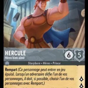 HERCULE Héros bien-aimé 180/204 (Foil). Carte du jeu de cartes à collection Disney Lorcana issue du Chapitre 4 Le Retour D'Ursula (URR), paru le 31/05/2024. Carte Personnage, Acier. Rare. Illustrateur: Leonardo Giammichele. L'illustration représente le personnage Hercule, jeune héros musclé gonflant un énorme biceps gauche, dos à un temple grec.