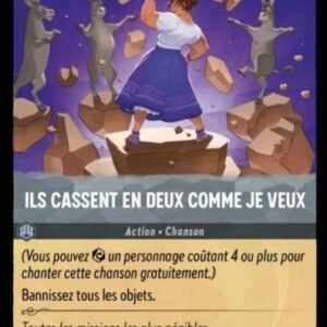 ILS CASSENT EN DEUX COMME JE VEUX 196/204. Carte du jeu de cartes à collectionner Disney Lorcana issue du Chapitre 4 Le Retour D'Ursula (URR), paru le 31/05/2024. Carte Action Chanson, Acier. Peu commune. Illustrateur: Jennifer Park. L'illustration représente une femme hispanique vue de dos avec des bras puissants debout sur un morceau de rocher. Elle fait face à 3 ânes debout sur leurs pattes arrières.