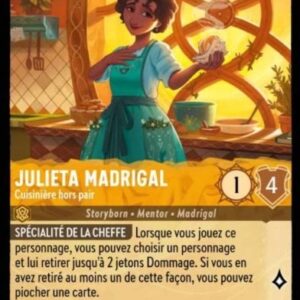 JULIETA MADRIGAL Cusinière hors pair 13/204. Carte du jeu de cartes à collectionner Disney Lorcana issue du Chapitre 4 Le Retour D'Ursula (URR), paru le 31/05/2024. Carte Personnage, Ambre. Peu commune. Illustrateur: Cristian Romero. L'illustration représente un personnage féminin de type sud-américain habillé d'un tablier vert et posant dans une cuisine ensoleillée.
