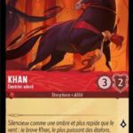 KHAN Destrier adoré 110/204. Carte du jeu de cartes à collectionner Disney Lorcana issue du Chapitre 4 Le Retour D'Ursula (URR), paru le 31/05/2024. Carte Personnage, Rubis. Peu commune. Illustrateur: Nicholas Kole. L'illustration représente un étalon noir avec un harnachement rouge, en arrière-plan des colonnes.