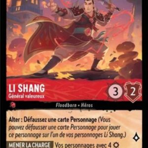 LI SHANG Général valeureux 112/204. Carte du jeu de cartes à collectionner Disney Lorcana issue du Chapitre 4 Le Retour D'Ursula (URR), paru le 31/05/2024. Carte Personnage, Rubis. Peu commune. Illustrateur: Nicola Saviori. L'illustration représente un guerrier asiatique en ramure médiévale asiatique entouré de flammes.