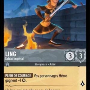 LING Soldat Impérial 183/204. Carte du jeu de cartes à collectionner Disney Lorcana issue du Chapitre 4 Le Retour D'Ursula (URR), paru le 31/05/2024. Carte Personnage, Acier. Peu commune. Illustrateur: Michela Cacciatore / Giulia Priori. L'illustration représente un épéiste asiatique médiéval sur les remparts d'une fortification dans une ambiance nocturne.