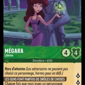 MEGARA Libérée 80/204. Carte du jeu de cartes à collectionner Disney Lorcana issue du Chapitre 4 Le Retour D'Ursula (URR), paru le 31/05/2024. Carte Personnage, Emeraude. Peu commune. Illustrateur: Ye Yang / Raquel Villanueva. L'illustration représente la déesse féminine Mégara en toge violette dans un jardin et dos à une statue. Elle tente la main gauche paume ouverte et un papillon luminescent volette au-dessus de celle-ci.