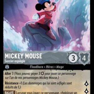 MICKEY MOUSE Sorcier espiègle 187/204. Carte du jeu de cartes à collectionner Disney Lorcana issue du Chapitre 4 Le Retour D'Ursula (URR), paru le 31/05/2024. Carte Personnage, Acier. Rare. Illustrateur: Alice Pisoni. L'illustration représente le personnage Mickey, souris habillé comme un enchanteur, debout sur un rocher, le bras gauche levé pour activer sa puissante magie.