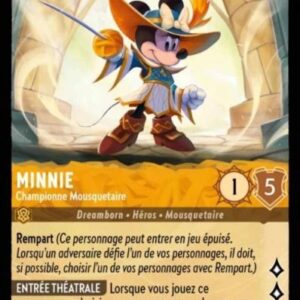 MINNIE Championne Mousquetaire 17/204. Carte du jeu de cartes à collectionner Disney Lorcana issue du Chapitre 4 Le Retour d'Ursula (URR), paru le 31/05/2024. Carte Personnage, Ambre. Super Rare. Illustrateur: Leonardo Giammichele. L'illustration représente le personnage Minnie, souris humanoïde et féminine habillée en mousquetaire et brandissant une épée de duel dans la main gauche.