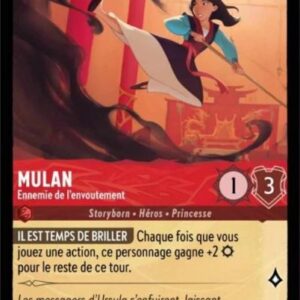 MULAN Ennemie de l'envoutement 115/204. Carte du jeu de cartes à collectionner Disney Lorcana issue du Chapitre 4 Le Retour D'Ursula (URR), paru le 31/05/2024. Carte Personnage, Rubis. Peu commune. Illustrateur: Jared Mathews. L'illustration représente une jeune femme asiatique en train de donner un coup de pied sauté dans le couloir d'un palais avec un tapis rouge.