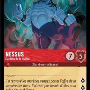 NESSUS Gardien de la rivière 118/204. Carte du jeu de cartes à collectionner Disney Lorcana issue du Chapitre 4 Le Retour D'Ursula (URR), paru le 31/05/2024. Carte Personnage, Rubis. Peu commune. Illustrateur: Justin Runfola. L'illustration représente une créature centaurienne très musclée avec la moitié haute de corps bleue. Il porte une paire de lunettes roses et est présenté dans une caverne.