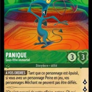 PANIQUE Sous-fifre immortel 82/204. Carte du jeu de cartes à collectionner Disney Lorcana issue du Chapitre 4 Le Retour D'Ursula (URR), paru le 31/05/2024. Carte Personnage, Emeraude. Peu commune. Illustrateur: Oggy Christiansson. L'illustration représente un farfadet bleu avec de toutes petites ailes vertes.
