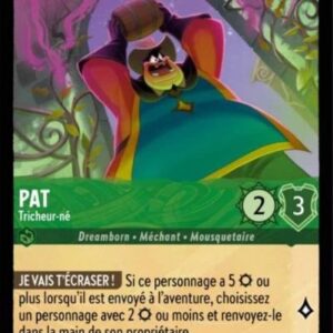 PAT Tricheur-né 85/204. Carte du jeu de cartes à collectionner Disney Lorcana issue du Chapitre 4 Le Retour d'Ursula (URR), paru le 31/05/2024. Carte Personnage, Emeraude. Super Rare. Illustrateur: Carlos Luzzi. L'illustration représente un personnage humanoïde avec une tête de chat et habillé en cow-boy. Assez rondouillard, il tient un tonnelet au dessus de sa tête et semble prêt à l'abattre sur quelqu'un.