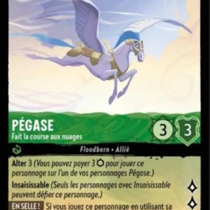 PEGASE Fait la course aux nuages 83/204. Carte du jeu de cartes à collectionner Disney Lorcana issue du Chapitre 4 Le Retour D'Ursula (URR), paru le 31/05/2024. Carte Personnage, Emeraude. Peu commune. Illustrateur: Brian Weisz. L'illustration représente un Pégase harnaché de doré en train de voler dans le ciel.