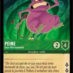 PEINE Sous-fifre immortel 81/204. Carte du jeu de cartes à collectionner Disney Lorcana issue du Chapitre 4 Le Retour D'Ursula (URR), paru le 31/05/2024. Carte Personnage, Emeraude. Peu commune. Illustrateur: Oggy Christiansson. L'illustration représente une sorte de diablotin violet et grassouillet.
