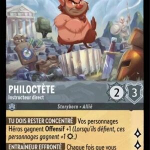 PHILOCTETE Instructeur Direct 190/204. Carte du jeu de cartes à collectionner Disney Lorcana issue du Chapitre 4 Le Retour D'Ursula (URR), paru le 31/05/2024. Carte Personnage, Acier. Rare. Illustrateur: Stefano Spagnuolo. L'illustration représente un satyre rondouillard debout sur un reste de colonne antique avec les bras croisés derrière le dos et entouré de matériels destinés à l'entraînement au maniement des armes.