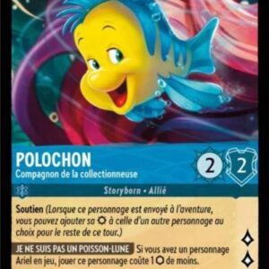 POLOCHON Compagnon de la collectionneuse 144/204. Carte du jeu de cartes à collectionner Disney Lorcana issue du Chapitre 4 Le Retour D'Ursula (URR), paru le 31/05/2024. Carte Personnage, Saphir. Peu commune. Illustrateur: James C Mulligan. L'illustration représente un poisson bleu et jaune en train de sourire. Il peut en effet sourire car c'est un poisson de dessin animé et donc une vision anthropomorphique du règne animal.