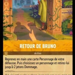 RETOUR DE BRUNO 26/204. Carte du jeu de cartes à collectionner Disney Lorcana issue du Chapitre 4 Le Retour D'Ursula (URR), paru le 31/05/2024. Carte Personnage, Ambre. Peu commune. Illustrateur: Cristian Romero. L'illustration représente un homme en longue chemise blanche brodée de vert, caché derrière le pilier d'une porche. En arrière-plan, on aperçoit une maison.