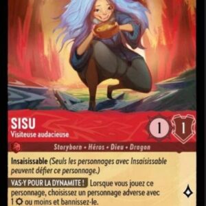 SISU Visiteuse audacieuse 123/204. Carte du jeu de cartes à collectionner Disney Lorcana issue du Chapitre 4 Le Retour D'Ursula (URR), paru le 31/05/2024. Carte Personnage, Rubis. Peu commune. Illustrateur: Otto Paredes. L'illustration représente un personnage féminin asiatique avec des cheveux blancs-roses. Elle est accroupie dans une caverne et tient une écuelle remplie de nourriture dans ses deux mains.