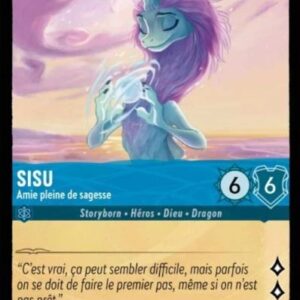 SISU Amie pleine de sagesse 155/204. Carte du jeu de cartes à collectionner Disney Lorcana issue du Chapitre 4 Le Retour D'Ursula (URR), paru le 31/05/2024. Carte Personnage Saphir. Peu commune. Illustrateur: Roger Pérez / Hayley Evans. L'illustration représente une créature draconienne avec deux cornes sur la tête comme un rhinocéros. Cette créature aux traits féminins se distingue par une ample chevelure rose. Dans la mer sous un ciel rosé et orangé, elle invoque et contemple une sorte de boule magique entre ses mains.