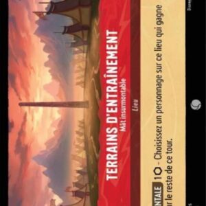 TERRAINS D'ENTRAÎNEMENT Mât insurmontable 136/204. Carte du jeu de cartes à collectionner Disney Lorcana issue du Chapitre 4 Le Retour D'Ursula (URR), paru le 31/05/2024. Carte Lieu, Rubis. Peu commune. Illustrateur: Matthew Oates. L'illustration représente un camp de tentes militaire avec en son centre un terrain d'entraînement, zone herbeuse avec un mât en son centre.