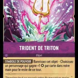 TRIDENT DE TRITON 66/204. Carte du jeu de cartes à collectionner Disney Lorcana issue du Chapitre 4 Le Retour D'Ursula (URR), paru le 31/05/2024. Carte Objet, Améthyste. Peu commune. Illustrateur: Matt Chapman. L'illustration représente un Trident doré et magique qui sort de l'eau en perçant la surface dans une grande gerbe.