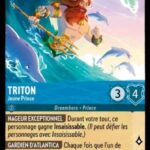 TRITON Jeune Prince 160/204. Carte du jeu de cartes à collectionner Disney Lorcana issue du Chapitre 4 Le Retour D'Ursula (URR), paru le 31/05/2024. Carte Personnage, Saphir. Peu commune. Illustrateur: Malia Ewart. L'illustration représente une sirène masculine avec une grande barbe et les cheveux longs, un peu comme le Père Noël sauf que là, ils sont roux et en plus le mec est musclé. Il tient un gros trident doré dans sa main droite. Il se déplace au creux d'une vague entouré de dauphins bondissant joyeusement.