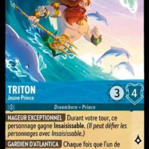 TRITON Jeune Prince 160/204. Carte du jeu de cartes à collectionner Disney Lorcana issue du Chapitre 4 Le Retour D'Ursula (URR), paru le 31/05/2024. Carte Personnage, Saphir. Peu commune. Illustrateur: Malia Ewart. L'illustration représente une sirène masculine avec une grande barbe et les cheveux longs, un peu comme le Père Noël sauf que là, ils sont roux et en plus le mec est musclé. Il tient un gros trident doré dans sa main droite. Il se déplace au creux d'une vague entouré de dauphins bondissant joyeusement.