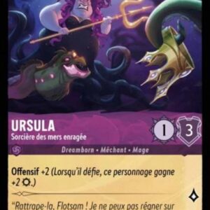 URSULA Sorcière des mers enragée 57/204. Carte du jeu de cartes à collectionner Disney Lorcana issue du Chapitre 4 Le Retour D'Ursula (URR), paru le 31/05/2024. Carte Personnage, Améthyste. Peu commune. Illustrateur: Adam Ford. L'illustration représente une sorcière sirène mi femme mi pieuvre armée d'un trident en or luisant de magie. Elle est accompagnée de deux murènes malfaisantes et semble vouloir s'emparer d'une couronne en or.
