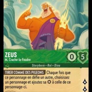 ZEUS M.Crache-la-Foudre 92/204. Carte du jeu de cartes à collectionner Disney Lorcana issue du Chapitre 4 Le Retour d'Ursula (URR), paru le 31/05/2024. Carte Personnage, Emeraude. Super Rare. Illustrateur: Moniek Schilde. L'illustration représente la divinité Zeus: un homme d'âge mûr très musclé qui tient des éclairs dans sa main gauche.