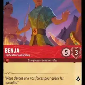 BENJA Unificateur audacieux 104/204 - Carte du jeu de cartes à collectionner Disney Lorcana issue du Chapitre 4 Le Retour D'Ursula (URR), paru le 31/05/2024. Carte Personnage, Rubis. Commune. Illustrateur: Eri Welli. L'illustration représente un homme asiatique vêtu d'une tunique verte en train de s'interposer entre deux belligérants.